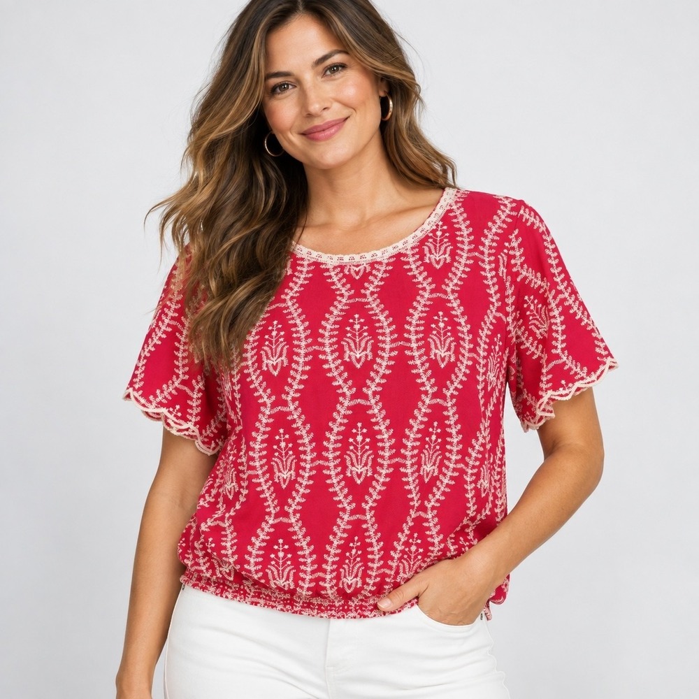 Solitaire Embroidered Boho Peasant Short Sleeve Top Blouse Womens XL Pink White